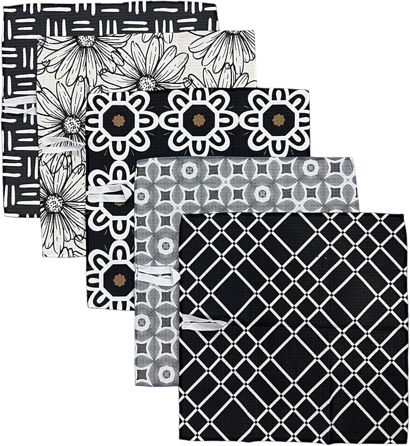 Waffle Weave Microfiber Dish Cloths || 5 Pack || Highly Absorbent || Quick Drying || Soft Premium Microfiber Cleaning Cloth || 12x12 inches (Black Multi)