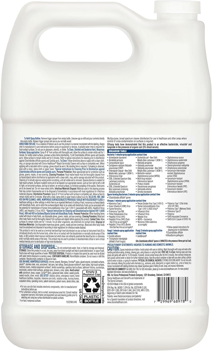 Clorox Healthcare Bleach Germicidal Cleaner Refill 128 Fluid Ounces Pack of 4 (Package May Vary)