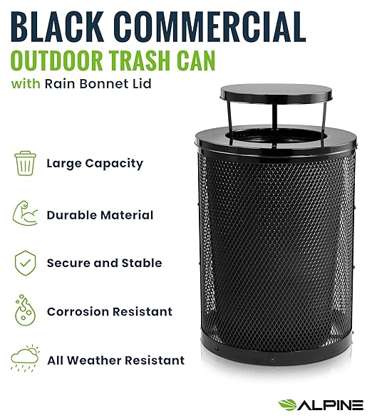 Alpine Outdoor Trash Can 36 Gallon Diamond Steel Commercial Metal Waste Bin with Leak Proof Liner Heavy Duty Steel Mesh Design Rain Bonnet Lid &amp Flat Lid for Parks Streets and Public Spaces-Bl