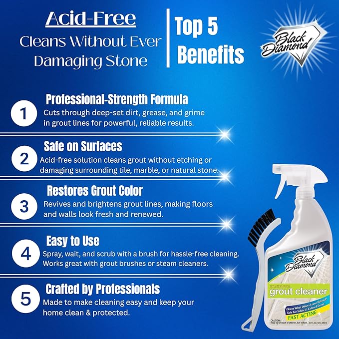 Black Diamond Ultimate Grout Cleaner: Best Cleaner for TileCeramicPorcelain Marble Acid-Free Safe Deep Cleaner &amp Stain Remover for Even The Dirtiest Grout. (1-Quart/1-Brush)
