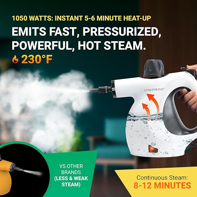 Comforday Multi-Purpose Steam Cleaner with 9-Piece Accessories Pressurized Handheld Steam Cleaner Perfect for Stain Removal Curtains Car Seats Floor Bathroom (White)