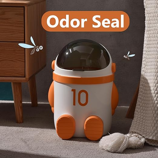 URALFA Astronaut Trash Can 12 Liter /3.2 Gallon Bathroom Trash Can with Lid Cute Garbage Can for Kids Plastic Garbage Can with Swing Lid Spaceman Wastebasket for Bedroom Dorm Living Room Orange