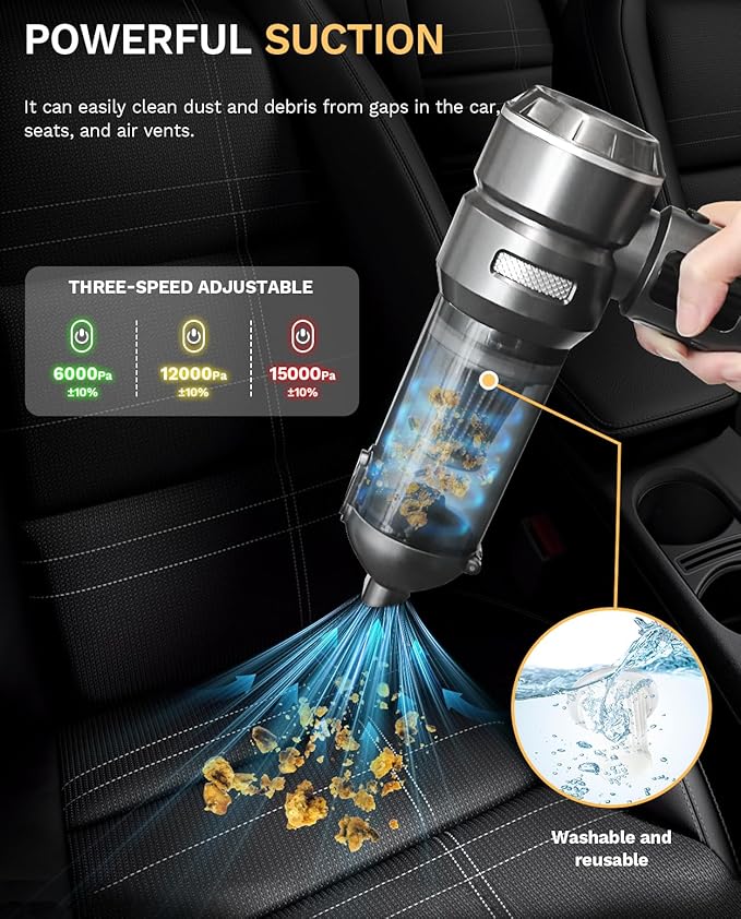 Baiwade Cordless Handheld Car Vacuum Cleaner 15000PA High Power 2-in-1 Mini Vacuum Duster &amp Inflator with LED Display Screen 3-Speed Brushless Motor for Car Care Home Office Pet