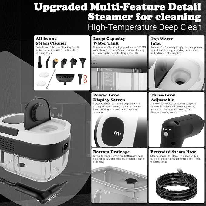 Steam Cleaner - 3-Level Adjustable Handle 15s Heat-Up - Steamer for Cleaning with 10pcs Accessories - Portable Steam Cleaner for Home for Car Dirt Grease Grout Tile Floor Couch Furniture-White