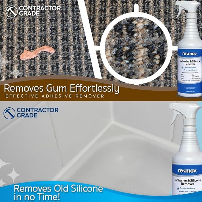 Silicone &amp Adhesive Remover – 32 oz Quart Spray Bottle | Heavy-Duty Cleaner for Caulk Tape Glue Stickers &amp More | Safe on Most Surfaces | Industrial-Strength Residue &amp Adhesive Remover