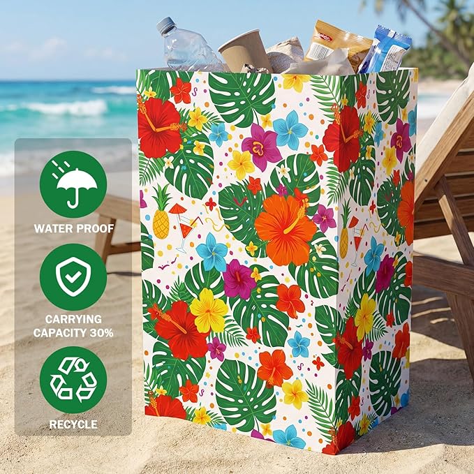 Tinlade 6 Pack 13 Gallon Tropical Disposable Trash Cans Extra Large Thickened Waterproof Reusable Garbage Bins Foldable Pop up Bins with Palm Leaves Hibiscus Flower for Summer Pool Beach Luau Party