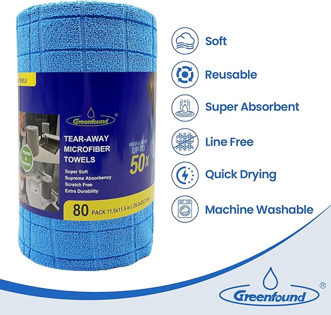 Greenfound Microfiber Cleaning Cloth Roll -80 PackTear Away Towels for CarReusable Paper Towels WashableSuper AbsorbentLint Free Cleaning Rags for HouseKitchenWindow-11.5×11.5(Check Blue)