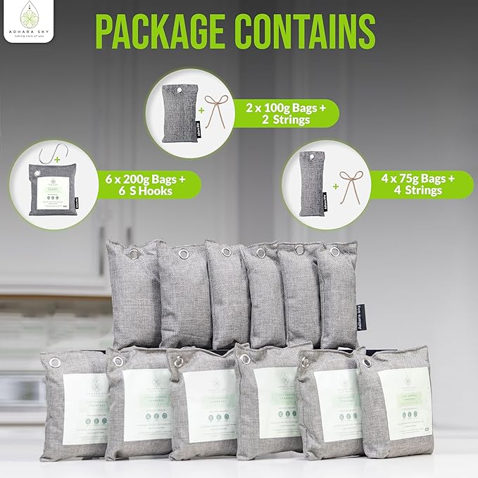 12 Pack Bamboo Charcoal Air Purifying Bag Activated charcoal Bags Odor Absorber Odor Eliminator for Home Car Office Closet &amp House Deodorizer (6X200g2X100g4X50g6 Hooks &amp Strings)