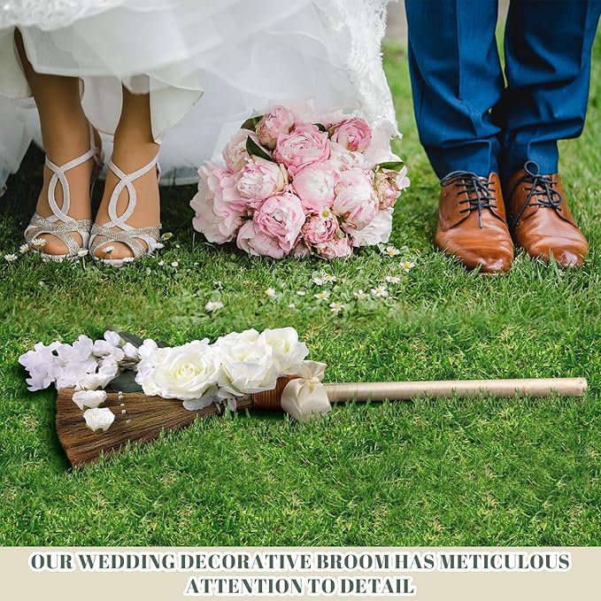 Yungyan Wedding Brooms for Jumping Ceremony Bride Bridegroom DIY Whisk Brooms 11.81 x 25.2 in with Ribbons Artificial Pearl Eucalyptus Leaves Roses Delphinium for Wedding Ceremony Craft