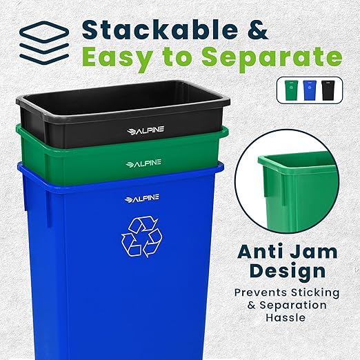 Alpine 23 Gallon Slim Recycling &amp Trash Bin Set – 3-Pack Blue/Black/Green Plastic Narrow Open-Top Garbage Cans for Office Home School &amp Commercial Use