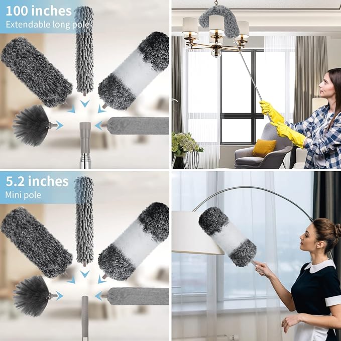 Microfiber Feather Duster with Extension Pole 30 to 100 inches ReusableBendable Washable Dusters for Cleaning Ceiling Fan High Ceiling Blinds Furniture &amp Cars 12PCS