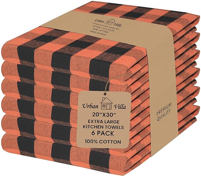 Urban Villa Halloween Kitchen Towels Set of 6 Dish Towels Size 20''x30'' Buffalo Checks Orange/Black 100% Cotton Highly Absorbent Quick Drying Dish Cloths &amp Dish Towels with Hanging Loop Tea Towel