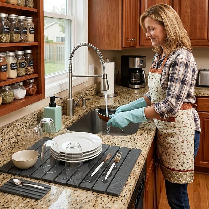 Large Stone Dish Drying Mat for Kitchen Counter 2 PCS Quick Dry Diatomaceous Earth Dish Mat Set – Foldable Water Absorbing Kitchen Gadgets &amp Gifts Home Essentials(Gray Ink 24×16 &amp 8x4)