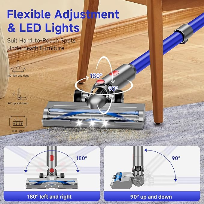 Cordless Vacuum Cleaner 8 in 1 Powerful Stick Vacuum with 50Mins Rechargeable Battery Vacuum Cleaners for Home Anti-Tangled Lightweight Handheld Vacuum for Hardwood Floor Carpets Pet Hair Blue