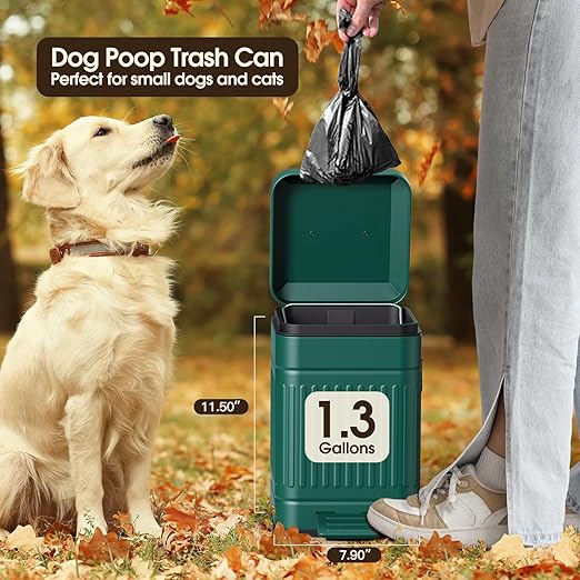 CEROELDA Small Trash Can with Lid-5L/1.3 GalStainless Steel Outdoor Dog Poop Garbage Can-Farmhouse Retro Metal Waste Bin w/Step Pedal for Bathroom Bedroom Office-Soft Close-Green