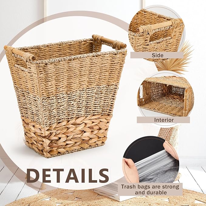 Mifoci 2 Pcs Wicker Trash Can with 50 Small Trash Bag Wicker Waste Woven Basket with Handles Clear Multi Use Garbage Bags for Bathroom Kitchen Bedroom(Multicolor)