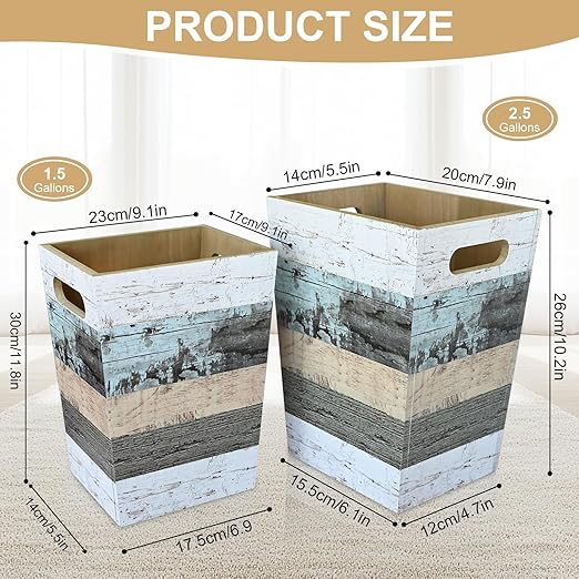 2 Pack 1.5/2.5 Gallons Wood Trash Can Set Rustic Style Wastebasket with Handles Farmhouse Rectangular Garbage Can Waste Basket Small Trash Bin for Bedroom Bathroom Kitchen Office