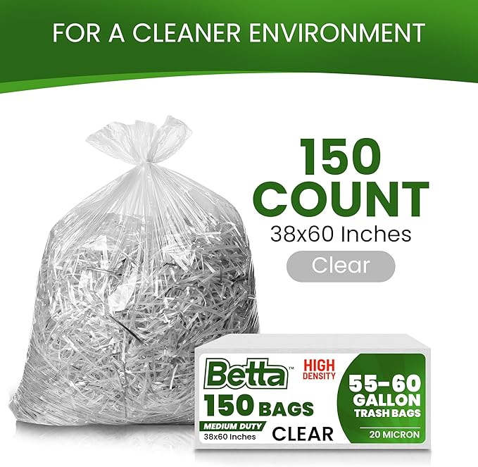 Betta 55-60 Gallon Clear High-Density Trash Bags 150 Count Box (38x60-inch) Commercial Medium-Duty Garbage Can Liners