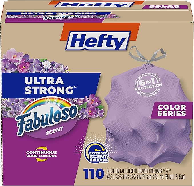 Hefty Ultra Strong 13 Gallon Trash Bags Tall Kitchen Trash Bags 13 Gallon Size Resist Leaks Punctures and Rips Continuous Odor Control Purple Fabuloso Scent 110 Bags