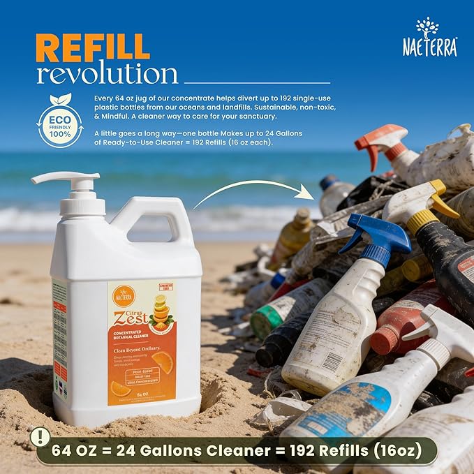 Naeterra Citrus Zest All-Purpose Cleaning Concentrate Kit – 64 oz Jug Makes 24 Gallons | Includes 16 oz Amber Glass Spray Bottle | Energizing Citrus Essential Oils | EWG Green-Rated Ingredients