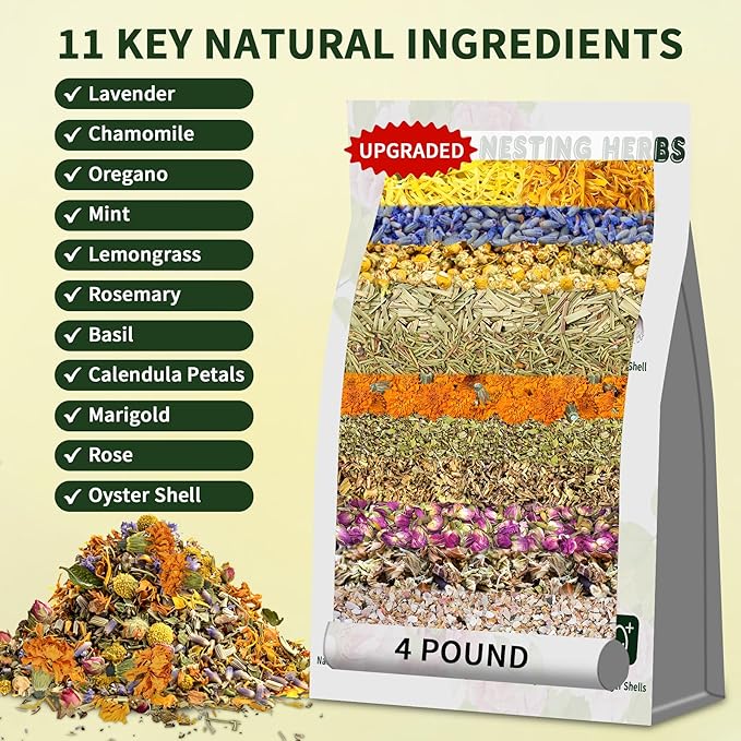 Chicken Nesting Herbs 64 oz – 11 Natural Dried Herb Blend with Marigold for Chicken Coop &amp Roost Refresh Nesting Box &amp Dust Bath Supports Natural Nesting Behavior