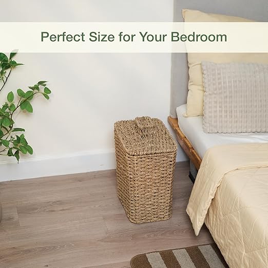 Wicker Trash Can with Lid and Liner - Rattan Trash Can for Bathroom - Decorative Wicker Waste Basket for Bedroom Kitchen and Office (Natural Seagrass)