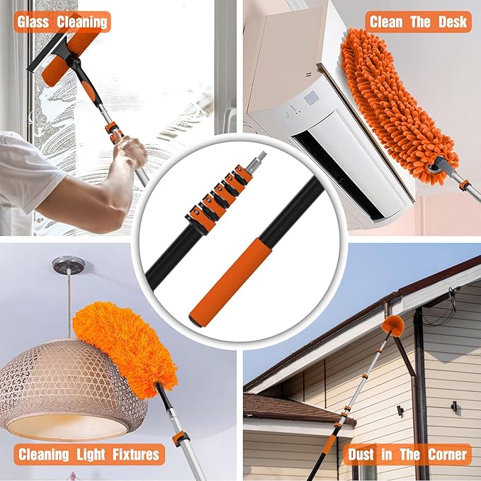 30FT High Ceiling Duster Kits with 5-24FT Telescoping Extension Pole - Fan Blade Cleaner Cobweb Remover &amp Window Cleaning Kit Washable Dust Brush for High Roof and Glass Surfaces