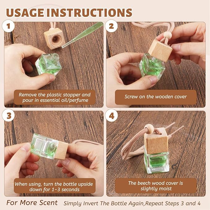 50 Pcs 8ml Hanging Car Air Freshener Diffuser BottlesEmpty Glass Perfume Ornament Bottle Essential Oil Freshener Diffuser Fragrance Pendant Glass Vials with Wooden Caps &amp Hanging String (Square)