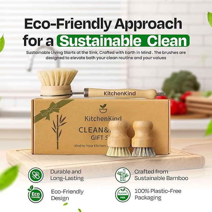 Clean &amp Kind Gift Set – Premium 6-Piece Eco-Friendly Bamboo Kitchen Brush Set with Natural Bristles &amp Wooden Handles