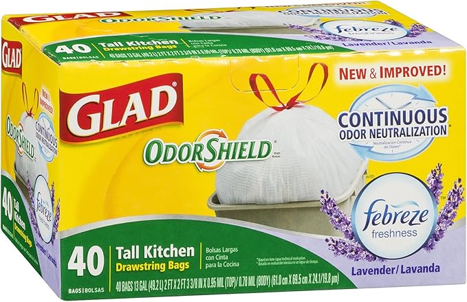 Glad OdorShield Tall Kitchen Drawstring Trash Bags - Febreze Mediterranean Lavender 13 Gallon 6 Packages of 40