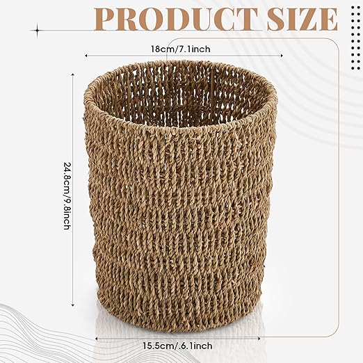 Havawish 2 Pcs Seagrass Wicker Waste Basket Handwoven Woven Trash Can 1.8 Gallons Boho Wicker Wastebasket Round Natural Wastebasket Garbage Bin for Bedroom Offices Home Decoration Natural Color