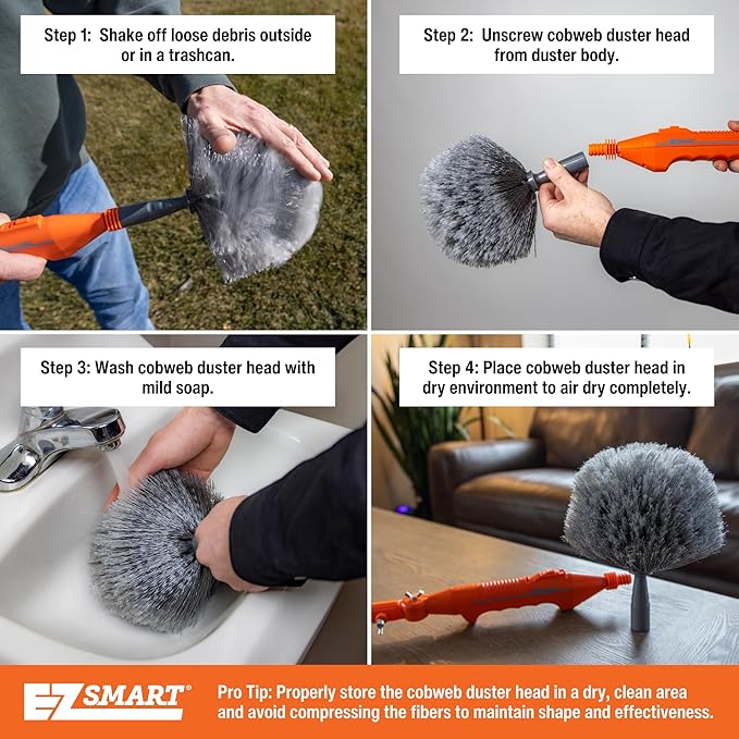 Powered Cobweb &amp Ceiling Fan Duster with 16ft Rigid Extension Pole – Adjustable Arm Removable Washable Head Interior &amp Exterior Use – Handheld or Pole-Mounted Cleaning Tool