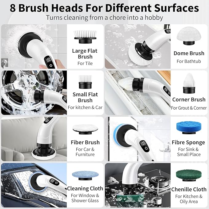 GOXAWEE Electric Spin Scrubber Cordless Cleaning Brush with 8 Replaceable Brush Heads Power Shower Scrubber with Long Handle for Bathroom Tub Tile Floor (White)