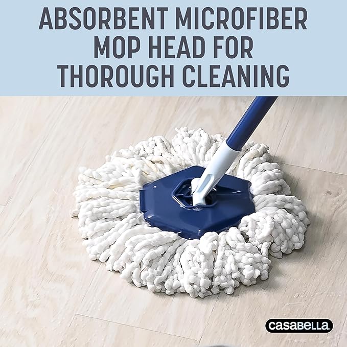 Casabella Spin Mop System with Extra Mop Head Refill - Two-Bucket Design with Splash Guard Built-in Measuring Cup and Scraper Tool with Easy Wring Pedal Spinner 1.25-Gallon Blue