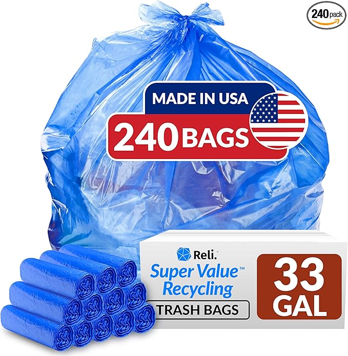 Reli. SuperValue 33 Gallon Recycling Bags (240 Count Bulk) Made in the USA - Blue Trash Bags 30-33 Gallon | Blue Recycling Garbage | 33Gal with 30Gal 33Gal 35Gal Capacity