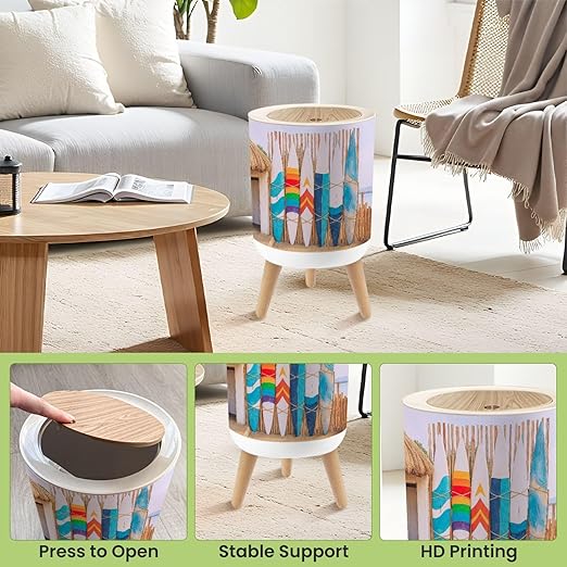 Bathroom Trash Can with Lid Wooden Vintage Surfboard Bamboo Fence Stands Sand Garbage Bin Waste Basket for Kitchen Office Bedroom Decoration Diaper Pail 1.8 Gallon