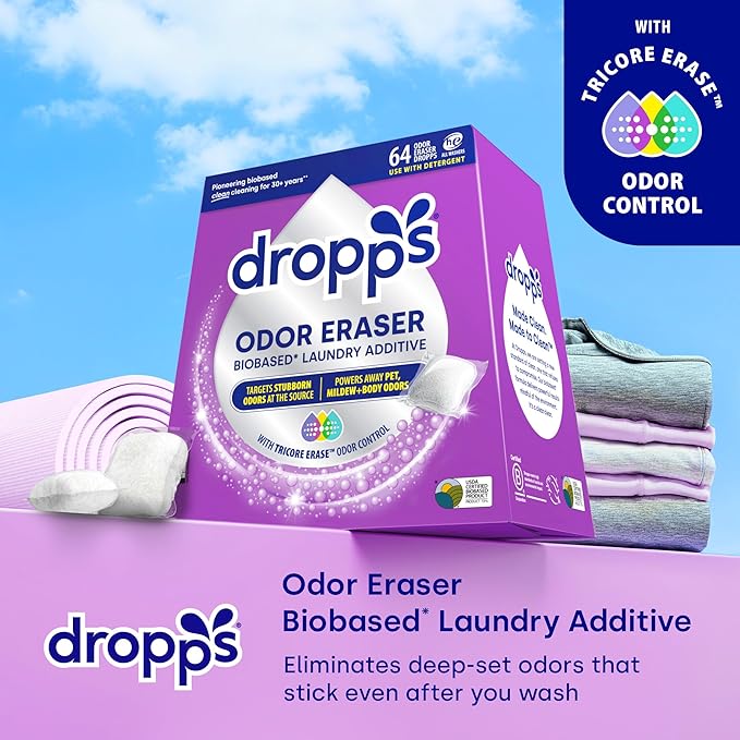 Dropps Odor Eraser Pods (64 Count) - Powered by TriCore Erase | Use With Detergent | Odor Remover | For Sweat Musty Towels Mildew Pet &amp Body Odors | Clean Laundry Booster | Plastic-Free Packagi