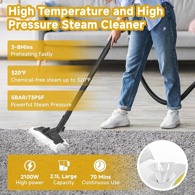 Steam CleanerMultipurpose Neat Canister Steamer with 27 Accessories 5 Mins Heating with 1.5L TankRolling Cleaning Machine for Carpet FloorsWindowsMirrorsGlass and Cars (White3)