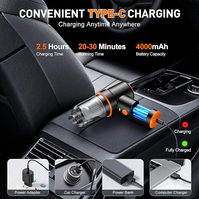 KMM Handheld Car Vacuum Cleaner 9000PA Vacuum Cleaner &amp Air Duster 120W High Power Vacuum Portable Cordless Hand Held Vacuum Rechargeable with Multi-Nozzles &amp LED Light for Home Car Offic