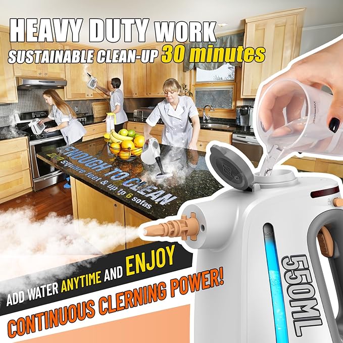 Heavy Duty Handheld Steam Cleaner for Cleaning with Lockable Steam Button&amp11pcs Accessories Unlimited Water Addition for Continuous Steaming Multi-Purpose Steamer for Cleaning Car Grout (grey)