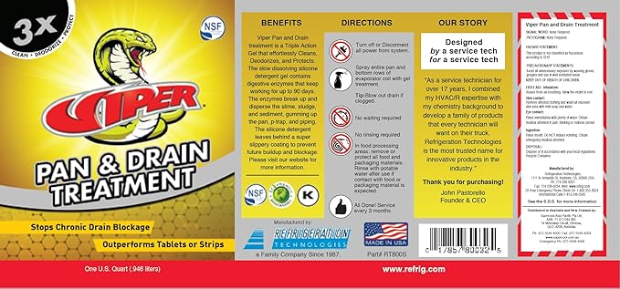 Refrigeration Technologies Viper Pan &amp Drain Treatment 1 Qt RT800S or 1 Gal RT800G Yellow (1 Quart 2)