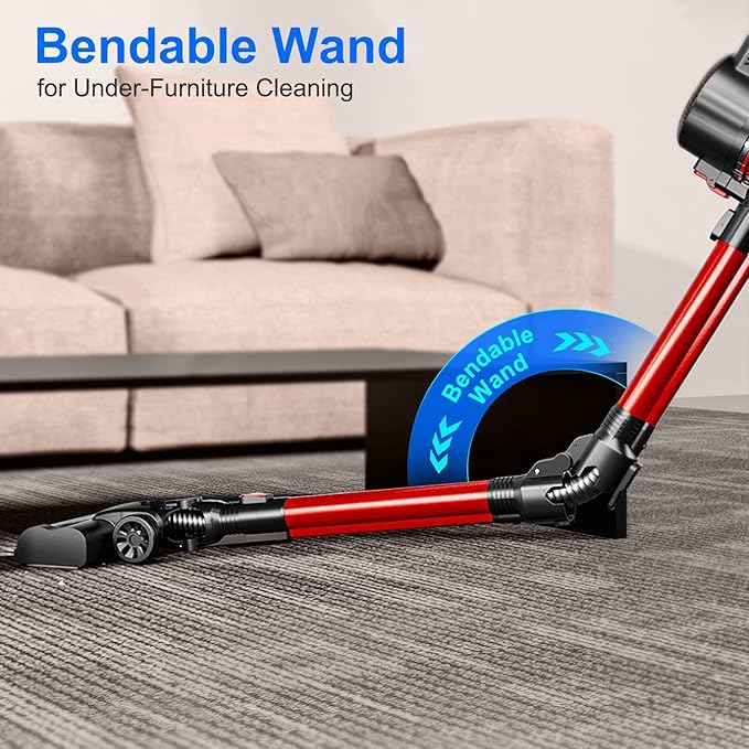 Cordless Vacuum Cleaner with Bendable Wand 100W 12Kpa Powerful Lightweight Stick Vacuum 12000mAh Rechargeable Handheld Vacuum Cleaners Anti-Tangled for Home Pet Hair Hardwood Carpets