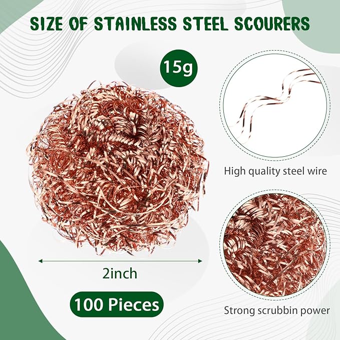 Yinkin 100 Pieces Stainless Steel Scrubber Bulk Steel Wool Scrubber Metal Sponge Wire Scouring Pad Heavy Duty Clean Dish Pot Pan and Oven for Kitchen Bathrooms and More (Copper)