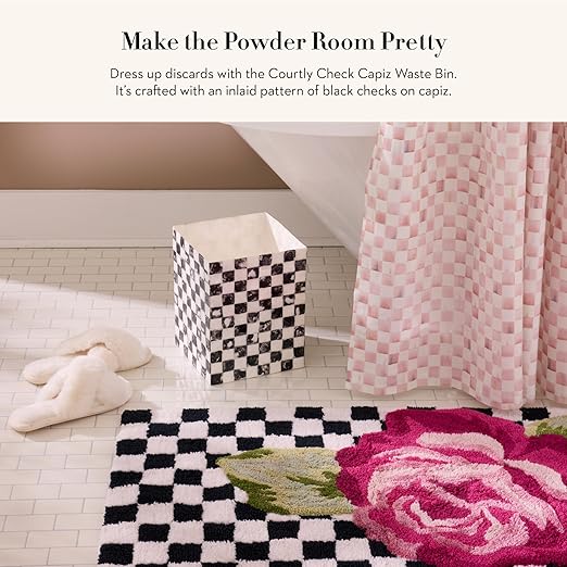 MACKENZIE-CHILDS Capiz Waste Bin Decorative Bathroom and Bedroom Trash Can Black-and-White Courtly Check