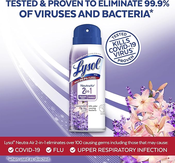Lysol Neutra Air 2 in 1 Disinfectant Spray Lavender and Lily Scent Eliminates Odors 10 Ounces (Pack of 4)