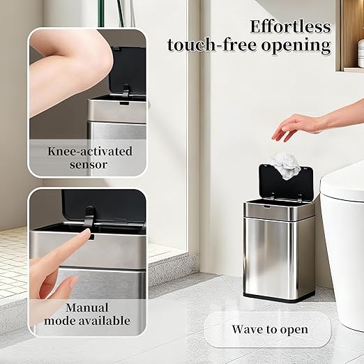2.4 Gallon / 9L Small Motion Sensor Trash Can Stainless Steel Automatic Trash Bin Touchless Electric Garbage Can for Bathroom Bedroom Under Desk Silver (Silver 2.4 Gallon Stainless Steel)