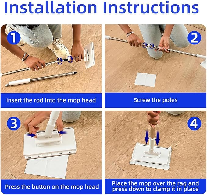 Convenient Cloth Changing Mini Mop No Wash Mop No Touch - Press to Fix &amp One-Click Disassembly 39in Long Handle Retractable 360 Rotation Lazy Mops Clip Mops (1Pc+5 Reusable Cloth+Clean Cloth)
