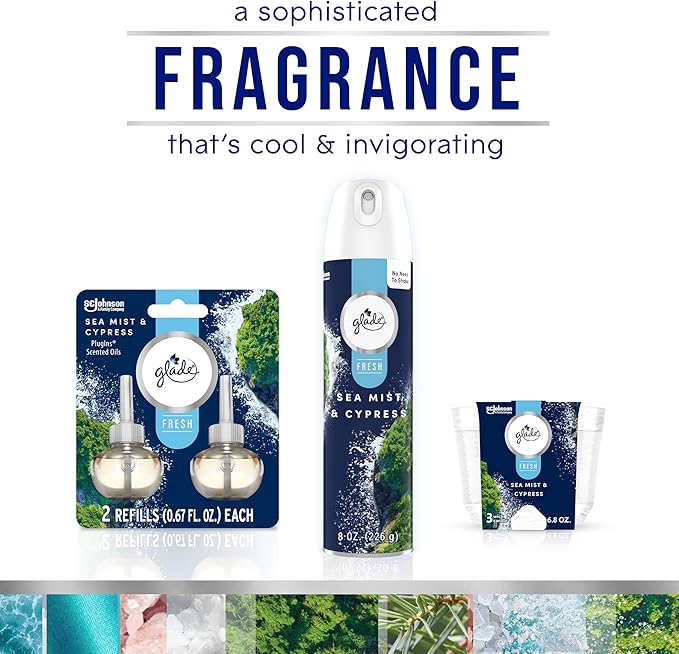 Glade PlugIns Refills Air Freshener Sea Mist &amp Cypress Scented and Essential Oils for Home and Bathroom 0.67 Fl Oz 10 Count