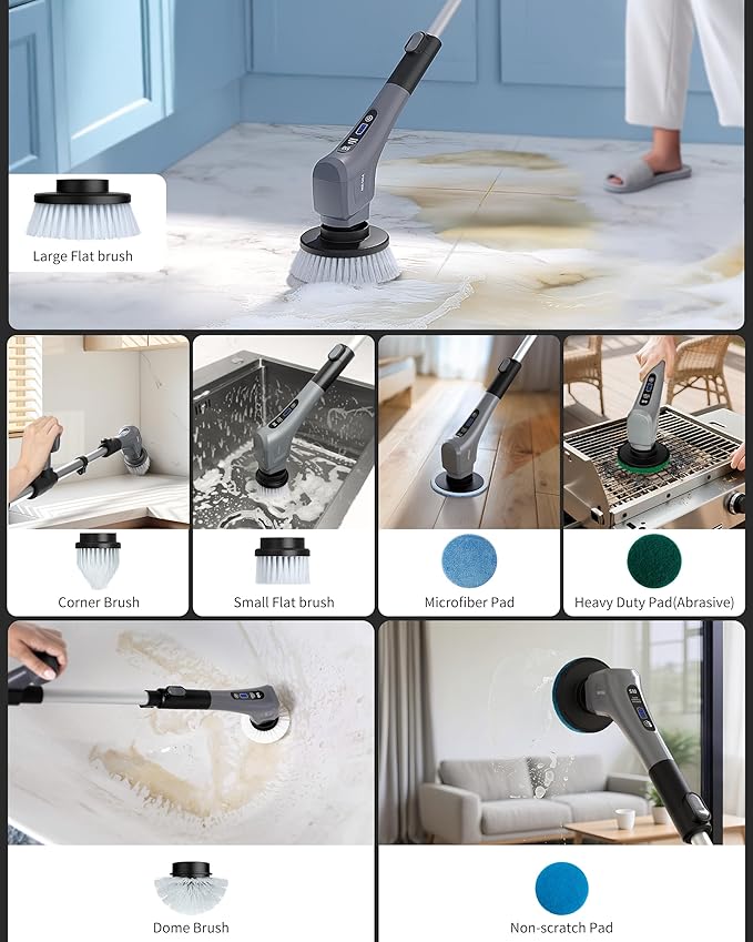 MR.SIGA Electric Spin Scrubber Cordless Cleaning Brush Shower Scrubber with 7 Replaceable Brush Head Waterproof Bathroom Power Scrubber for Kitchen and Bathroom Cleaning