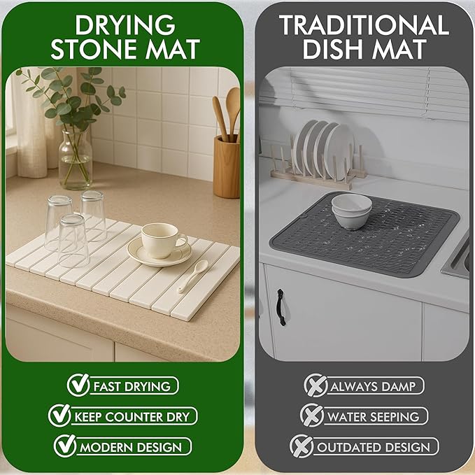 Large Stone Dish Drying Mat for Kitchen Counter Instant Drying Pad Super Absorbent Foldable Dish Drying Mat 24×16 White